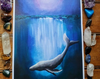 A4 ART PRINT "Dream diver" humpback whale art, crescent moon, impressionist sea artwork