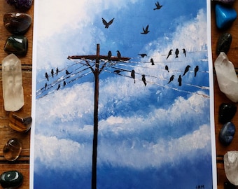 Lámina artística tamaño A4, "Conferencia de pájaros", Pájaros en un poste eléctrico