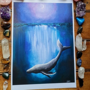 A4 KUNSTDRUCK "Traumtaucher Buckelwal, Mondsichel, impressionistische Meereskunst, Kunstdruck ""Nature""."