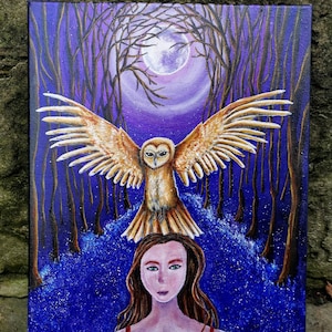 Hushwing, owl and girl art, owl spirit animal, barn owl, magical art, whimsical art, fantasy art, witchy art, unique home decor,