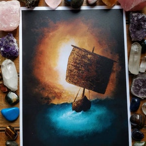 Impresión artística de tamaño A3 de barco vikingo Edición limitada &quot;Luz en la oscuridad&quot; Arte vikingo Arte nórdico