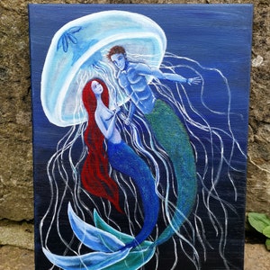 ORIGINAL PAINTING, Dance of the jellyfish, mermaid art, merman and mermaid, glow in the dark art, fantasy art, whimsical, magical, art decor