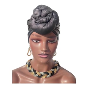 Matte Black Faux Leather PreTied Turban | Pre Tied Head Wrap | Alopecia Wrap | Pre tied Head Scarf | Full Coverage Turban | Gift for wife&mu