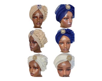 Turbante pré-amarrado para mulheres, touca com babados laterais para mulheres estilosas, lenço de cabeça moderno pronto para usar, touca para quimioterapia.