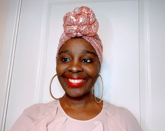 Turbante pré-amarrado com lantejoulas luxuosas | Faixa de cabeça pré-amarrada | Faixa para alopecia | Lenço de cabeça pré-amarrado, turbante com cobertura total | Presente para esposa e mãe