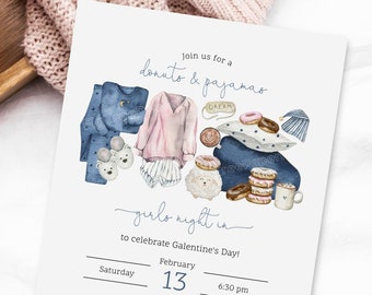 Op de afbeelding: Uitnodiging voor een pyjamafeestje voor meisjes om Galentine's Day te vieren op 13 februari om 18:30 uur. De uitnodiging bevat een aquarel-illustratie van pyjama's, donuts en koffie. De tekst luidt: "Doe mee met een donuts- en pyjamafeestje voor meisjes om Galentine's Day te vieren! Zaterdag 13 februari, 18:30 uur. Georganiseerd door Heather Dawson, 4321 Mountain View Drive, Eagle Creek. RSVP naar Heather vóór 15 februari op (000) 123-4567. Draag je favoriete pyjama en slippers! Neem een slaapzak en een kussen mee."