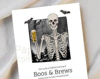 Boos and Brews, Skeleton Adult Halloween Party Invitation, Boos and Booze Halloween Party Invite, Spooky Adult Invitation, Digital Download