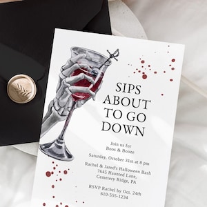 Boos and Booze Halloween Invitation, Costume Party Invite for Adults, Skeleton Invitation, Bloody Halloween Party Invite, Digital Download
