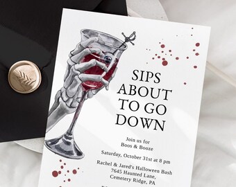 Boos and Booze Halloween Invitation, Costume Party Invite for Adults, Skeleton Invitation, Bloody Halloween Party Invite, Digital Download