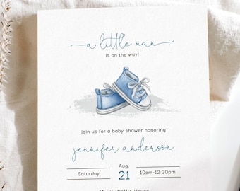 Little Man Baby Shower Invitation, Little Man on the Way, Boho Baby Shower Invite Boy, Baby Clothes Shower Invitation Boy, Blue, F135