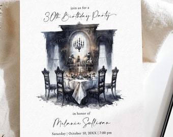 May include: A black and white illustrated invitation for a 30th birthday party. The invitation features a gothic-style dining room with a table set for dinner. The text reads "Join us for a 30th Birthday Party in honour of Melanie Sullivan. Saturday | October 10, 20XX | 7:00 pm The Black Rose Cafe 5418 Spencer Drive East, Austin, TX RSVP Amanda 000-123-4567 Please dress in your gothic best!"