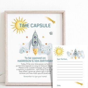 Outer Space Birthday Time Capsule, Astronaut Rocket Ship 1st Birthday Guestbook, Galaxy Time Capsule Card, F133