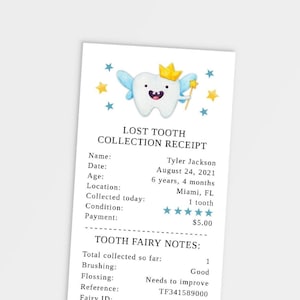 Modèle de reçu de fée des dents, garçon de reçu de fée des dents, imprimable, dent perdue, livre de mémoire, certificat de fée des dents, modifiable, téléchargement, F100