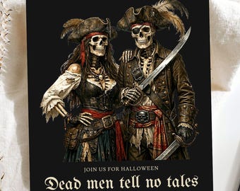 Pirate Skeleton Couple Halloween Invitation, Adults Only Costume Party Invite, Dead Men Tell No Tales, Digital Editable Phone Invite