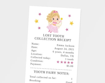 Tooth Fairy Receipt for a Girl, Tooth Fairy Receipt Template, Girl Tooth Fairy Receipt, Printable, Lost Tooth, Editable, Instant, F109