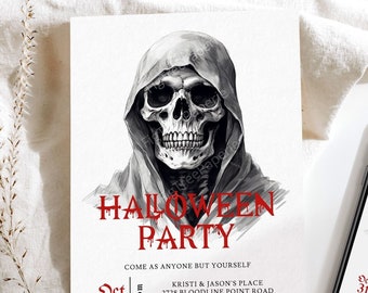 Halloween Invitation, Skull Halloween Invitation, Skeleton Halloween Invite Adult Halloween Party Invitation, Digital Download, F141