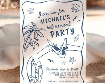 Retirement Party Invitation for a Man Casual Coastal Beer Bash Beach Theme Summer Retirement Invite Hand Drawn Doodle Style Digital F175