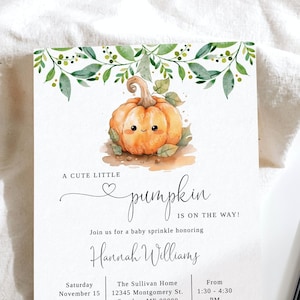 May include: A baby shower invitation with a cute watercolor illustration of a pumpkin with a smiling face. The invitation says "A cute little pumpkin is on the way!" and includes the name "Hannah Williams" and details for the event.