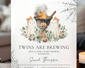 Halloween Twin Girls Baby Shower Invitation, Ghost Theme Editable Template, Babies Are Brewing, F178