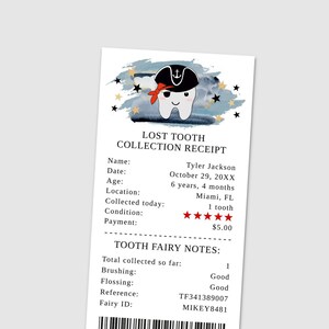 Recibo del Hada de los Dientes de Halloween, Plantilla de recibo del Hada de los Dientes, Niño Hada de los Dientes, Pirata, Imprimible, Diente Perdido, Libro de Memoria, Editable, Descargar