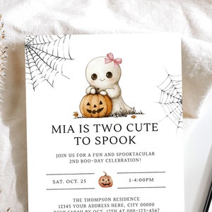 October Halloween 2nd Birthday Invitation for a girl, Two Cute to Spook 2nd Birthday Invite Girl, Spooky Ghost Birthday Invite 2 Year Old