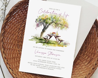 Celebration of Life Invitation for a Woman | Outdoor Memorial Picnic Invite Remembrance Card | Editable Digital Download 5x7