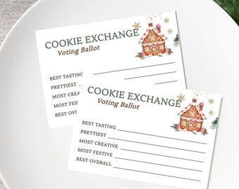 May include: Two white Cookie Exchange voting ballots with gingerbread house illustrations on a white plate. The ballots have lines for categories like "Best Tasting" and "Prettiest." Candy canes and pine sprigs decorate the scene.