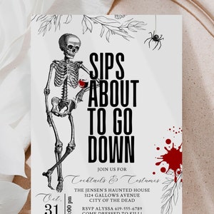 Cocktails and Costumes Invitation, Skeleton Halloween Invite, Adult Halloween Party Invitation, Digital Download, F141