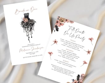 Gothic Bride or Die Bachelorette Invitation & Itinerary, Til Death Do Us Party Bachelorette, Halloween Bachelorette, Vintage, Digital Invite