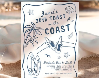 30th Beach Birthday Invitation for Man or Woman | Summer Beer Bash Adult Birthday Party Invite | Hand Drawn Doodle Surfer Style Digital F175
