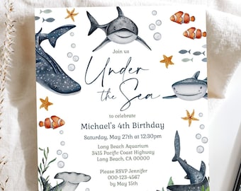 Under the Sea Birthday Invitation Template, Sea Ocean Animals Creatures Whale Shark Party, Nautical Kids Birthday invite, Instant Download