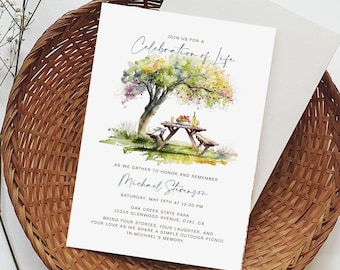 Celebration of Life Invitation for a Man | Outdoor Memorial Picnic Invite Remembrance Card | Editable Digital Download 5x7