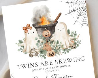 Twins Halloween Baby Shower Invitation Boy Girl, October Baby Shower Invite for Twins, A Baby is Brewing Digital Download, F169