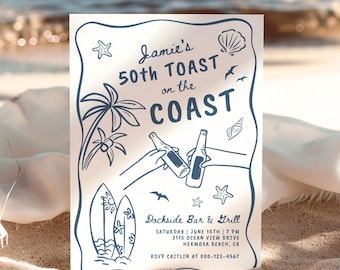 50th Beach Birthday Invitation for Man or Woman | Summer Coastal Beer Bash Adult Birthday Party Invite | Hand Drawn Doodle Digital F175