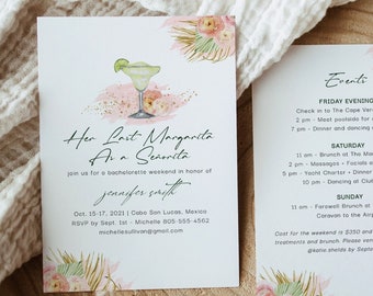 Mexico Bachelorette Party Invitation, Last Margarita as a Señorita Invite, Bachelorette Itinerary, Tropical Drinks Bachelorette, Palms, F105