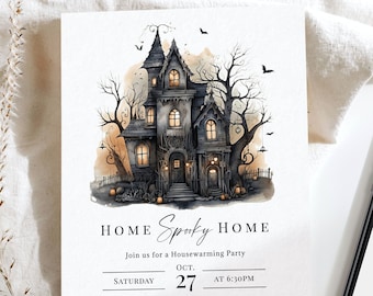 May include: A Halloween-themed housewarming party invitation with a spooky black and white illustration of a haunted house with glowing windows and jack-o-lanterns. The text reads "Home Spoky Home" and includes the date, time, and address for the party.
