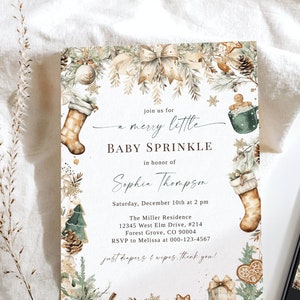 May include: A digital invitation for a baby sprinkle with a winter theme. The invitation features a watercolour illustration of a stocking, a gingerbread man, and a Christmas tree. The text on the invitation reads "Join us for a merry little baby sprinkle in honour of Sophie Thompson".