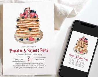 Pancakes and Pajamas First Birthday Invitation, Pajama Party 1st Birthday Invitation, Pancakes First Birthday, F132