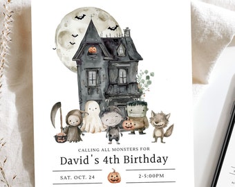 May include: A Halloween-themed birthday invitation with a watercolor illustration of a spooky house, a ghost, a werewolf, a Frankenstein monster, and a witch. The text reads "Calling all monsters for David's 4th Birthday".