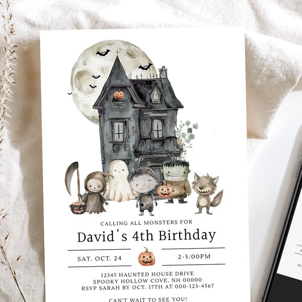 Halloween Birthday Party Invitation, Kids Halloween Birthday Invitation, Spooky Cute Spooktacular Monster Invite Editable Printable Digital