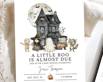 May include: A Halloween-themed baby shower invitation with a watercolor illustration of a haunted house, a ghost, a mummy, a witch, a werewolf, and a Frankenstein monster. The text reads "A Little Boo Is Almost Due" and includes the date, time, and location of the event. RSVP information and registry details are also included.