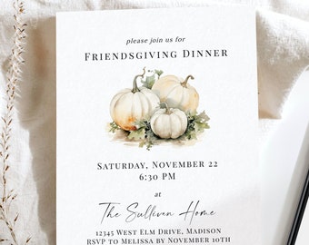 May include: A digital invitation for a Friendsgiving dinner with a watercolor illustration of white pumpkins and green leaves. The invitation includes the date, time, location, and RSVP information. The text reads "Please join us for Friendsgiving Dinner, Saturday, November 22, 6:30 PM at The Sullivan Home, 12345 West Elm Drive, Madison, RSVP to Melissa by November 10th at 000-123-4567, please bring a dessert to share."