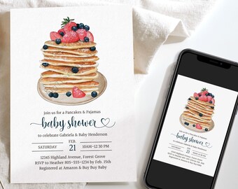 May include: A baby shower invitation with a watercolor illustration of a stack of pancakes topped with strawberries and blueberries. The invitation text reads "Join us for a Pancakes & Pajamas Baby Shower to celebrate Gabriela & Baby Henderson. Saturday, Feb. 21, 10AM-12:30 PM, 12345 Highland Avenue, Forest Grove. RSVP to Heather 805-555-1234 by Feb. 15th. Registered at Amazon & Buy Buy Baby."