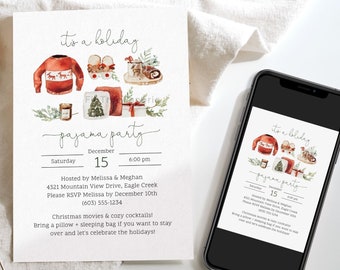 May include: A white invitation card with a watercolor illustration of a red sweater, a Christmas tree, a mug, and a gift. The text on the card reads "It's a holiday pajama party" and includes the date and time of the party. The card is on a white surface.