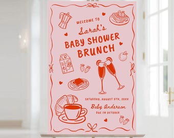 Pink Baby Shower Brunch Welcome Sign, Hand Drawn Doodle Shower Decor 24x36" Digital F172