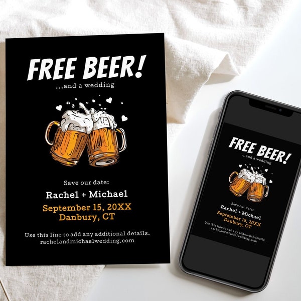 Free Beer Save Our Date Card, Funny Save the Date Invite, Modern Funny Wedding Date Card, Instant Download, Printable