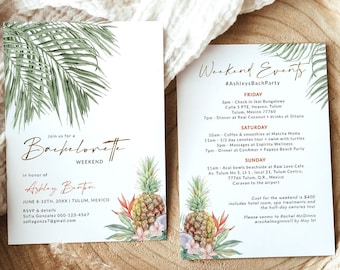 Tropical Bachelorette Weekend Invitation with Itinerary, Tropical Greenery Bach Party Invite, Boho Bachelorette Invitation, Tulum Bach Party
