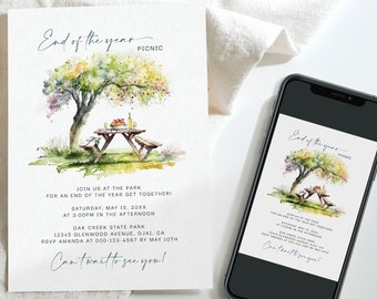 May include: A watercolor illustration of a picnic scene with a table, chairs, and a tree. The text on the invitation reads "End of the year picnic" and includes details for a get-together at Oak Creek State Park on May 15th. The invitation also includes the text "Can't wait to see you!"