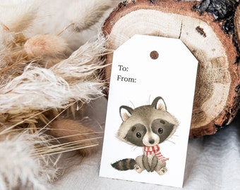May include: A white gift tag featuring a watercolor illustration of a raccoon wearing a red and white striped scarf. The tag has the text "To:" and "From:" printed on it. The background includes dried plants and a wood slice.