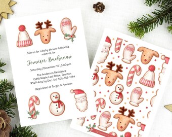 Peut inclure: Une invitation à une fête prénatale sur le thème de Noël avec un motif de renne, de bonhomme de neige et de moufles rouges et blancs. L'invitation indique "Rejoignez-nous pour une fête prénatale en l'honneur de la future maman Jennifer Buchanan".